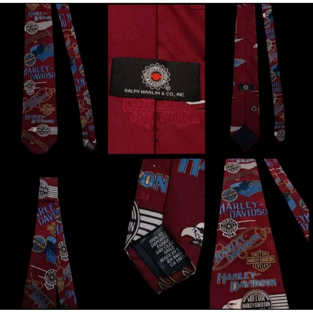 Vintage Harley Davidson Logo Ralph Marlin Tie Burgundy Made in USA 100% Silk
